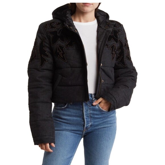 Free People Fleur De Lis Denim Puffer Jacket Size S